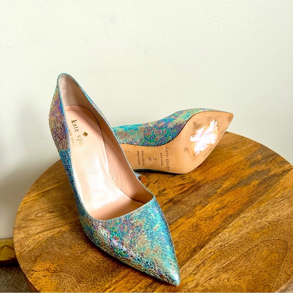 Kate Spade NWOB Larissa Blue Swirl Iridescent Crackle Genuine Leather 4”Heels 5M - Picture 10 of 15